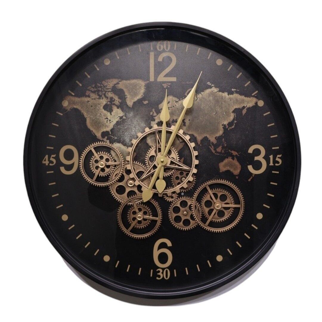 Metal Çarklı Duvar Saati Siyah Gold - 3811