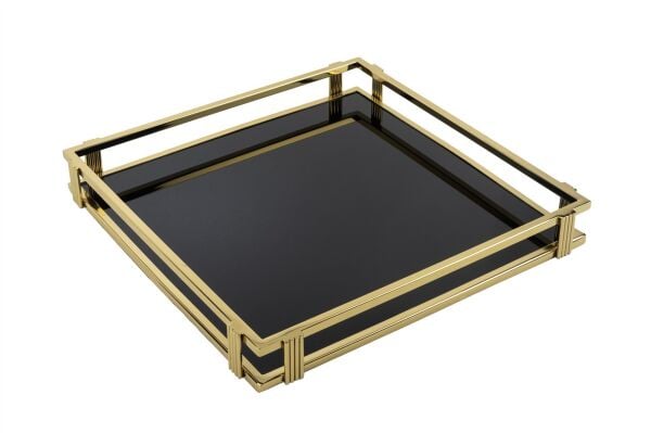 Gold Siyah Camlı Tepsi Kare