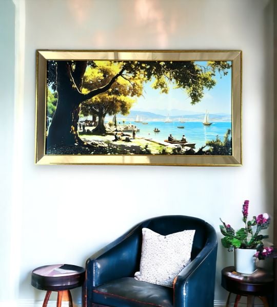 Ayna Çerçeveli Kalabalık Sahil Manzara Tablo 70x130 CM