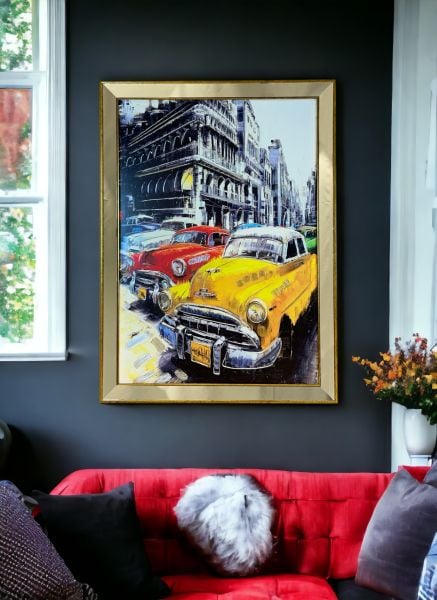 Ayna Çerçeveli Sarı-Kırmızı Klasik Arabalar Dikey Tablo 80x110 CM