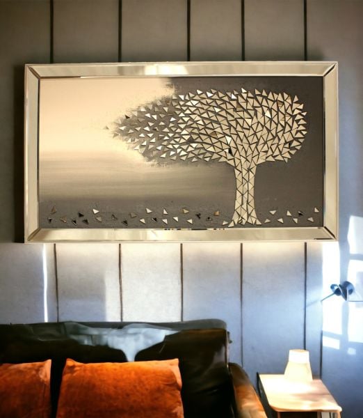 Ayna Çerçeveli Hayat Ağacı Gri Tablo 70x120 CM