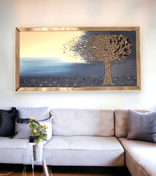 Ayna Çerçeveli Hayat Ağacı Mavi Tablo 70x120 CM