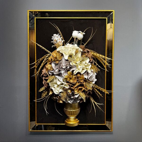 3D Beyaz Gold Çiçekler Tablo 70x130 CM