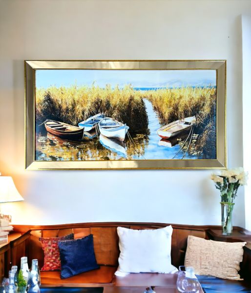Ayna Çerçeveli Sazlık ve Kayıklar Tablo 70x130 CM