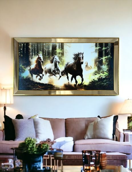 Ayna Çerçeveli Ormanda Koşan Atlar Tablo 70x130 CM