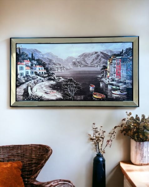 Ayna Çerçeveli Sahil Kasabası ve Dağlar Tablo 70x130 CM