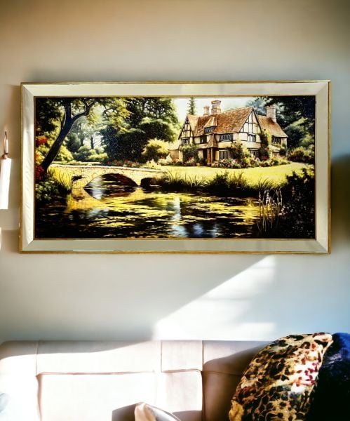 Ayna Çerçeveli Dere Kenarı Kırmızı Çiçekli Ev Tablo 70x130 CM
