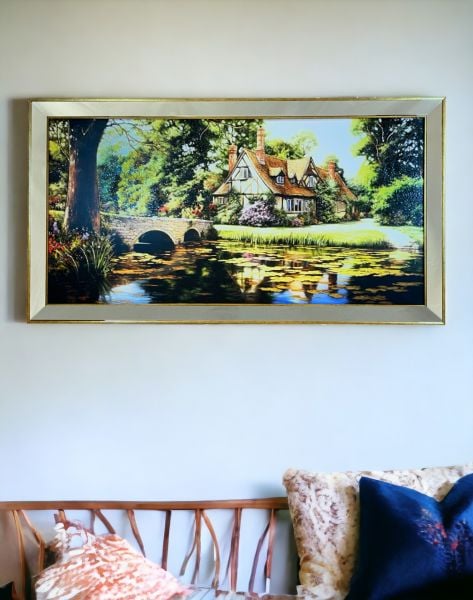 Ayna Çerçeveli Dere Kenarı Mor Çiçekli Ev Tablo 70x130 CM
