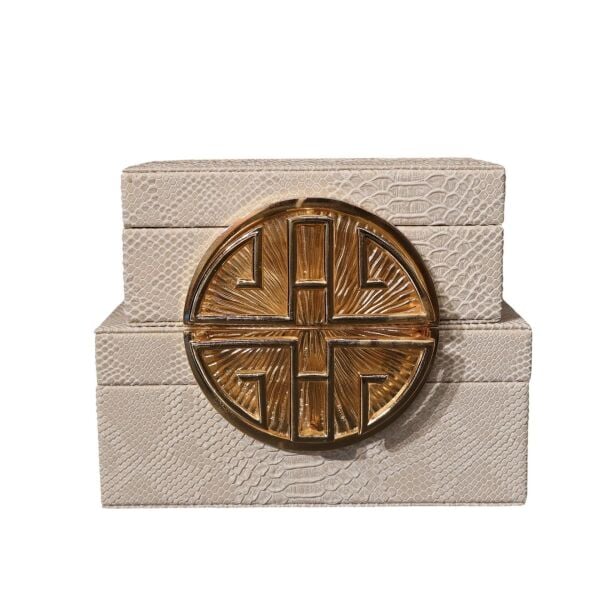 Dekoratif İkili Kutu Dikdörtgen Deri Harf Krem Gold