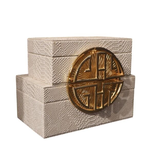 Dekoratif İkili Kutu Dikdörtgen Deri Harf Krem Gold