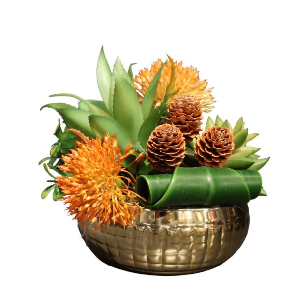 Kare Desen Saksı Eskitme Sukulent Gold