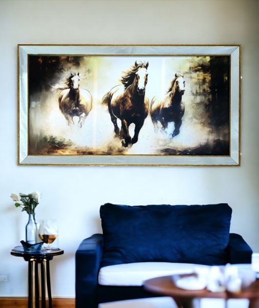 Ayna Çerçeveli Koşan Üç At Tablo 70x130 CM