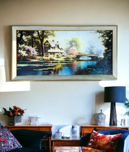 Ayna Çerçeveli Orman Evi ve Nehir Tablo 70x130 CM
