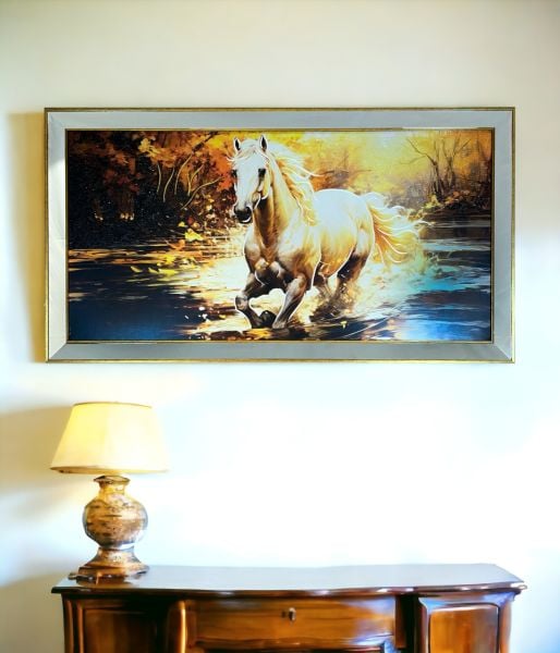 Ayna Çerçeveli Nehirde Beyaz At Tablo 70x130 CM