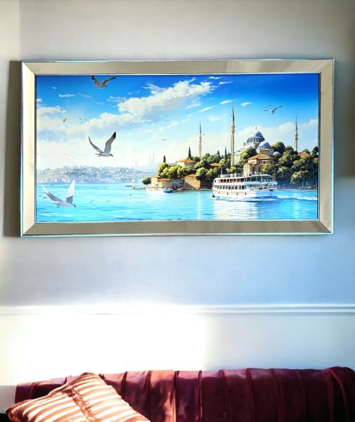 Ayna Çerçeveli Boğaz ve Martılar Manzara Tablo 70x130 CM
