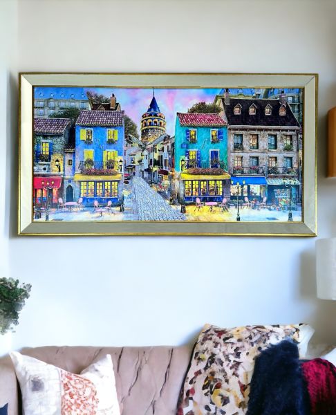 Ayna Çerçeveli Renkli Galata Sokakları Tablo 70x130 CM