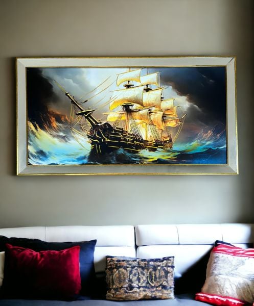 Ayna Çerçeveli Fırtına ve Gemi Tablo 70x130 CM