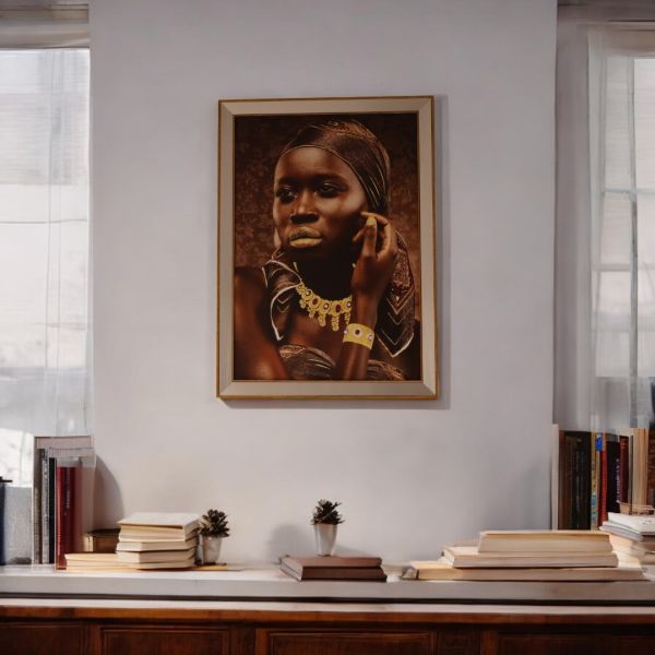 Gold Ayna Çerçeveli Siyahi Kadın Altın Takı Tablo 70x100 CM