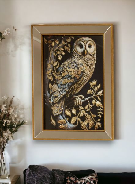 Ayna Çerçeveli Altın Baykuş Tablo 50x70 CM