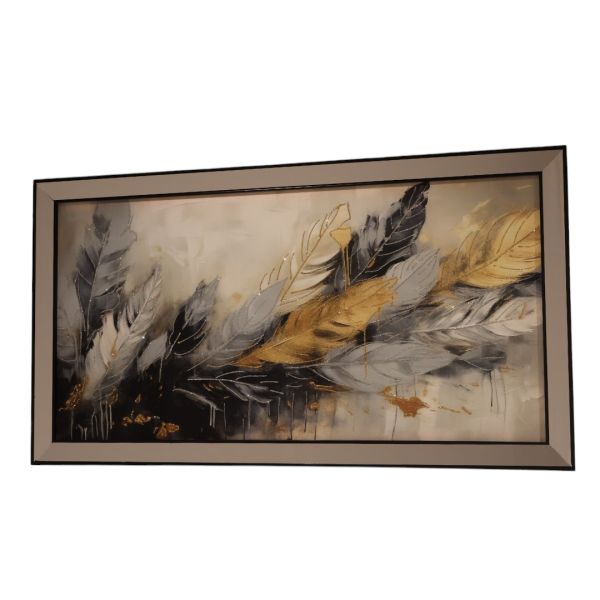 Ayna Siyah Çerçeveli Gri, Gold, Siyah Tüy Tablo 70x130 CM