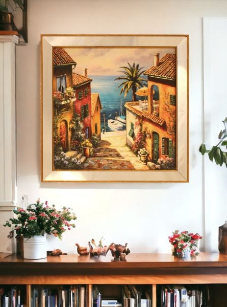 Ayna Çerçeveli Merdiven ve Deniz Kare Tablo 70x70 CM