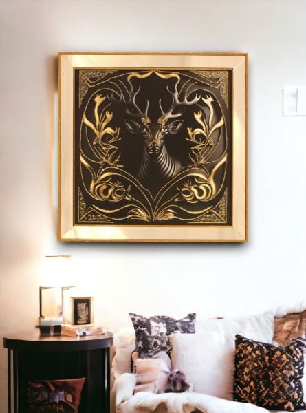 Ayna Çerçeveli Gold Detaylı Geyik Kare Tablo 70x70 CM