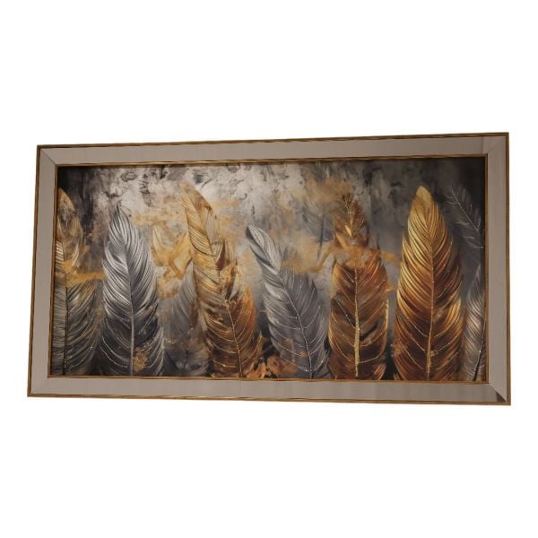Ayna Siyah Çerçeveli Gri, Gold Sıralı Tüy Tablo 70x130 CM