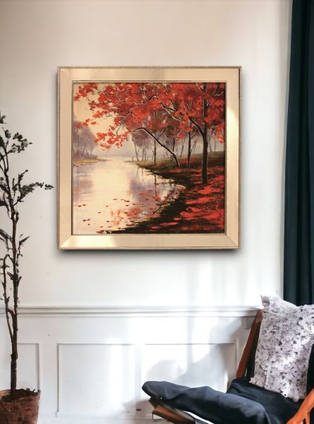 Ayna Çerçeveli Nehirde Sonbahar Kare Tablo 70x70 CM