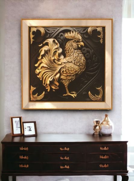 Ayna Çerçeveli Gold Horoz Kare Tablo 70x70 CM