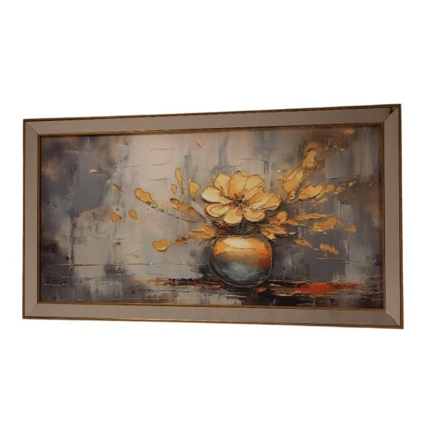 Ayna Gold Çerçeveli Gri Gold Vazo Gold Çiçek Tablo 70x130 CM