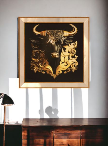 Ayna Çerçeveli Gold Detaylı Boğa Kare Tablo 70x70 CM
