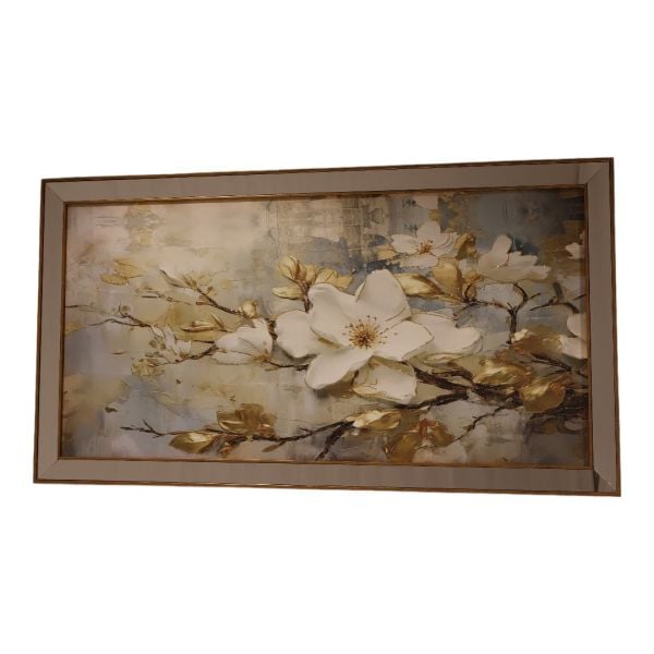 Ayna Gold Çerçeveli Gold ve Beyaz Çiçek Temalı Tablo 70x130 CM