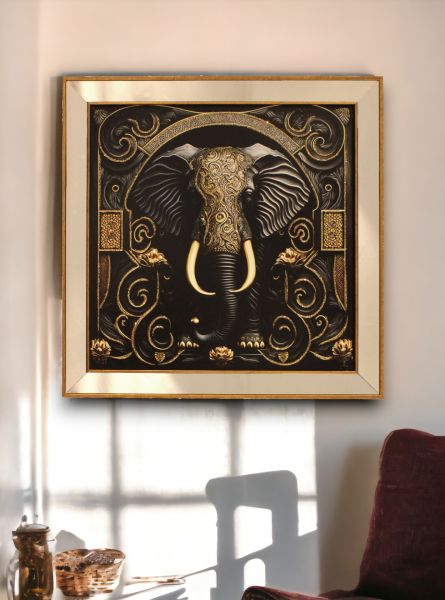 Ayna Çerçeveli Gold Detaylı Fil Kare Tablo 70x70 CM