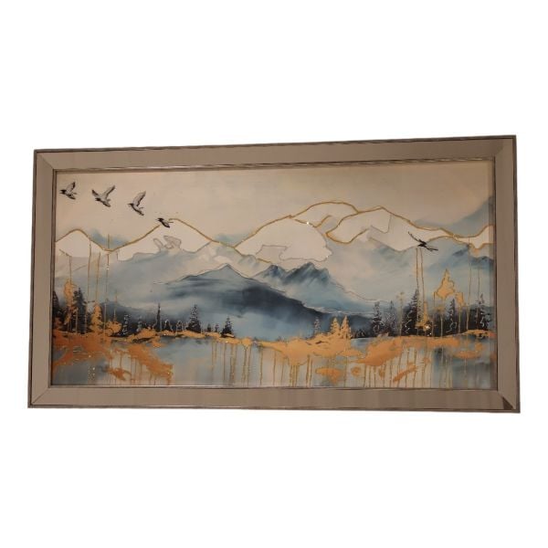 Ayna Gümüş Çerçeveli Karlı Dağlar ve Kuşlar Tablo 70x130 CM