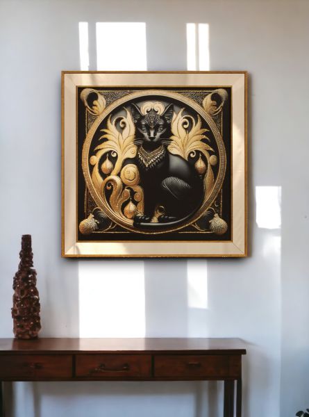 Ayna Çerçeveli Gold Detaylı Kedi Kare Tablo 70x70 CM