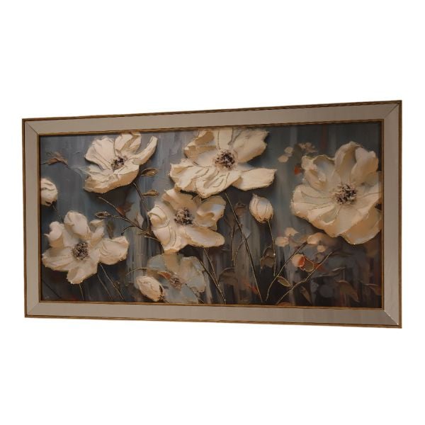 Ayna Gold Çerçeveli 3D Beyaz Çiçekler Tablo 70x130 CM