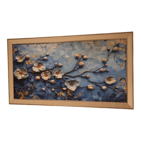 Ayna Gümüş Çerçeveli Mavi Temalı Turkuaz Çiçek Tablo 70x130 CM