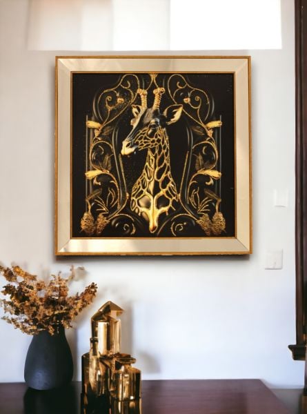 Ayna Çerçeveli Gold Detaylı Zürafa Kare Tablo 70x70 CM