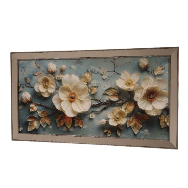 Ayna Gümüş Çerçeveli 3D Beyaz Çiçekler Tablo 70x130 CM