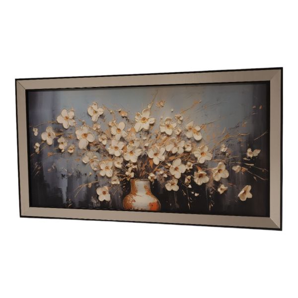 Ayna Siyah Çerçeveli Turuncu Vazo Beyaz Çiçek Tablo 70x130 CM