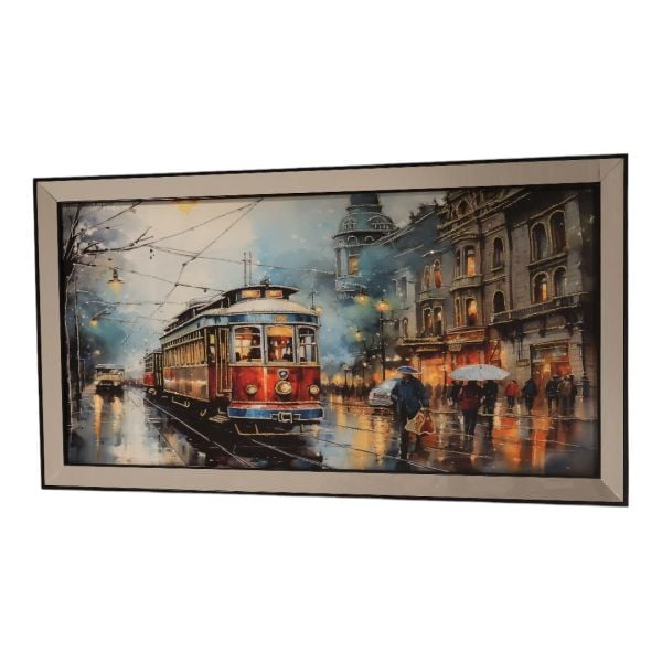Ayna Siyah Çerçeveli Tramvay ve İnsanlar Tablo 70x130 CM