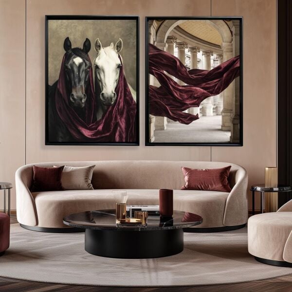 Siyah Beyaz Mürdüm At Basamak Çerçeve 2'li Tablo