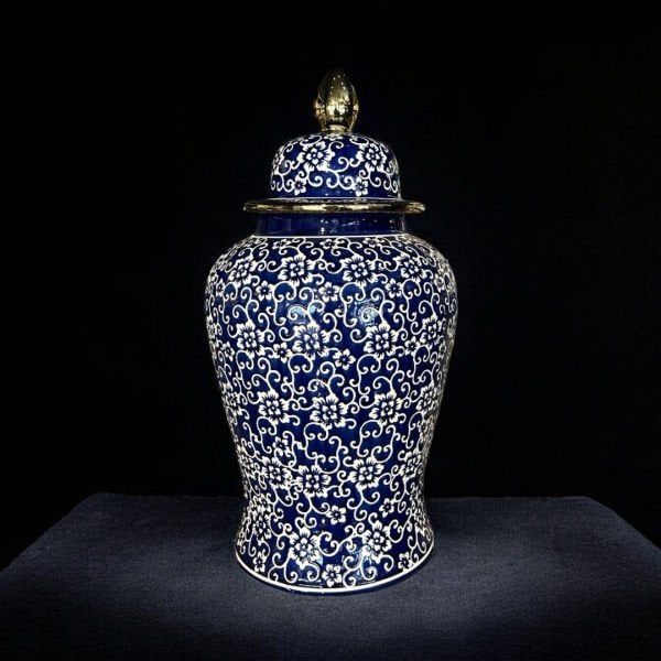 Büyük Gold Detaylı Çiçek Desenli Mavi Küp