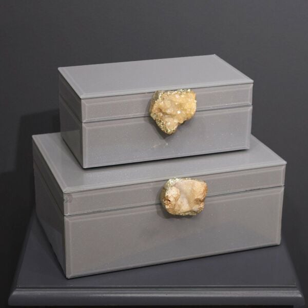 İkili Cam Kutu Doğal Taş Krem Gri