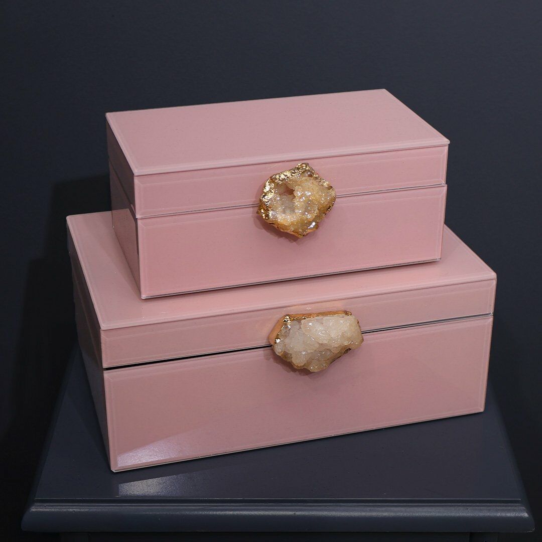 İkili Cam Kutu Doğal Taş Krem Pembe