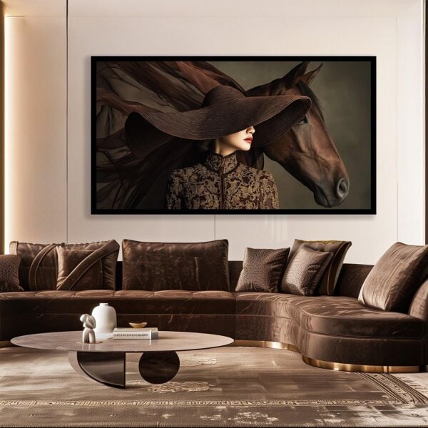 Şapkalı Kadın ve Kahve At Yatay Tablo