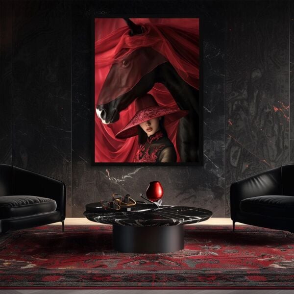 İhtişam Siyah At Ve Kadın Portre Tablo