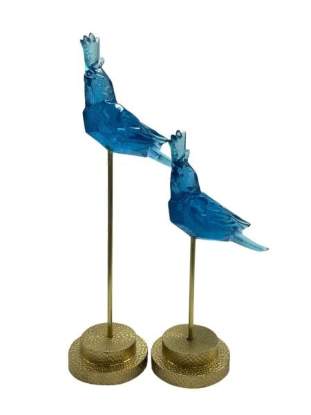 İkili Metal Ayaklı Cam Mavi Papağan Obje
