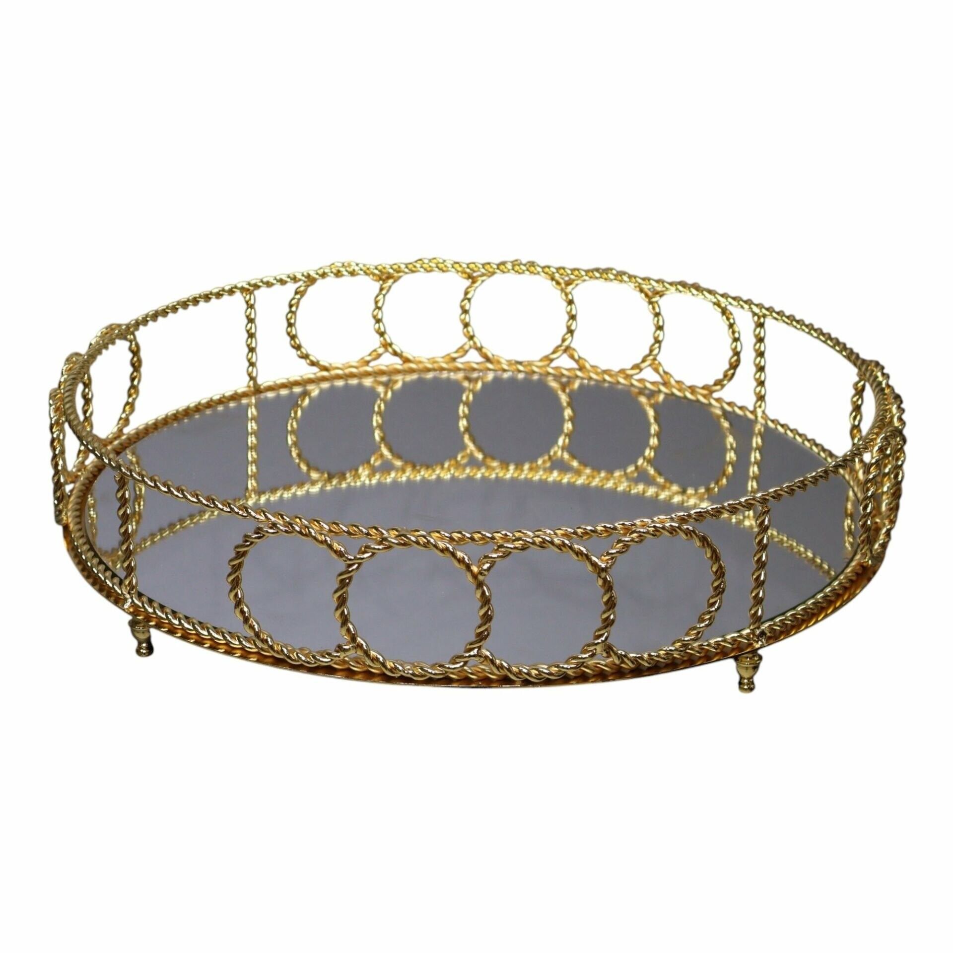 Halkalı Yuvarlak Tepsi Eskitme Gold