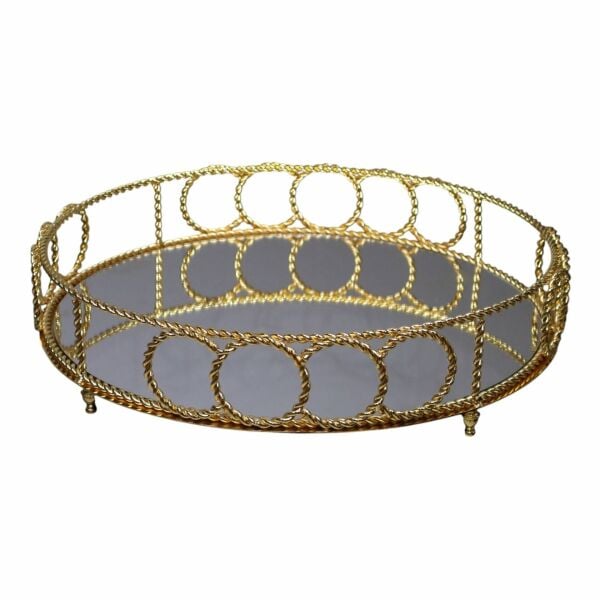 Halkalı Yuvarlak Tepsi Eskitme Gold